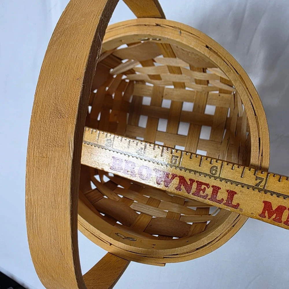 Small Woven Wood Basket with Burgundy Maple Leaf Design and Fixed Handle